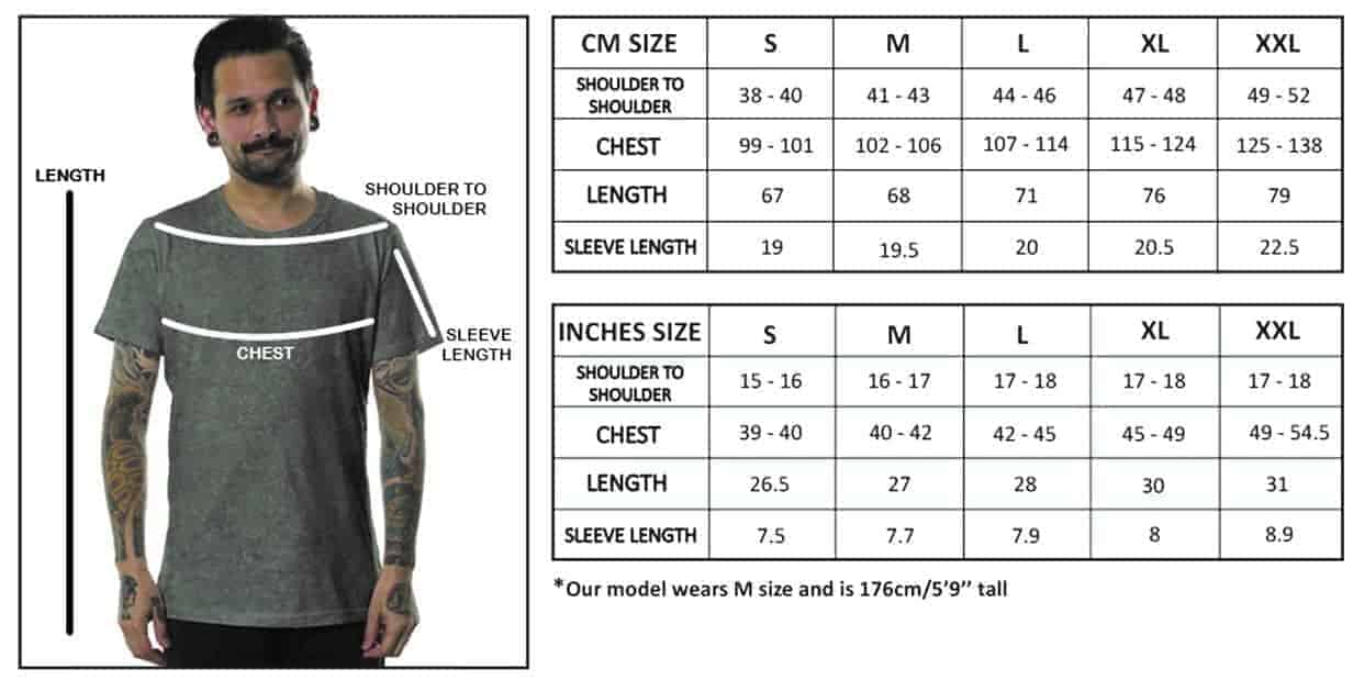 טבלת מידות חולצה - הדוגמן לובש חולצה M והוא 176 ס"מ